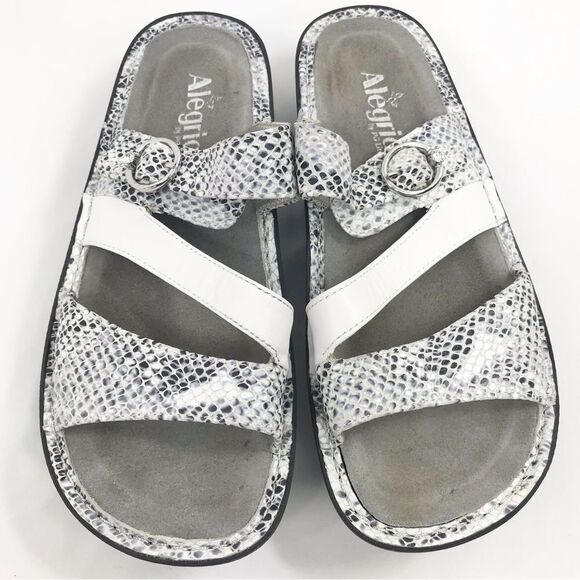 Alegria COLETTE White Metallic Silver Reptile Strappy Support Slide Sandals - Picture 3 of 16